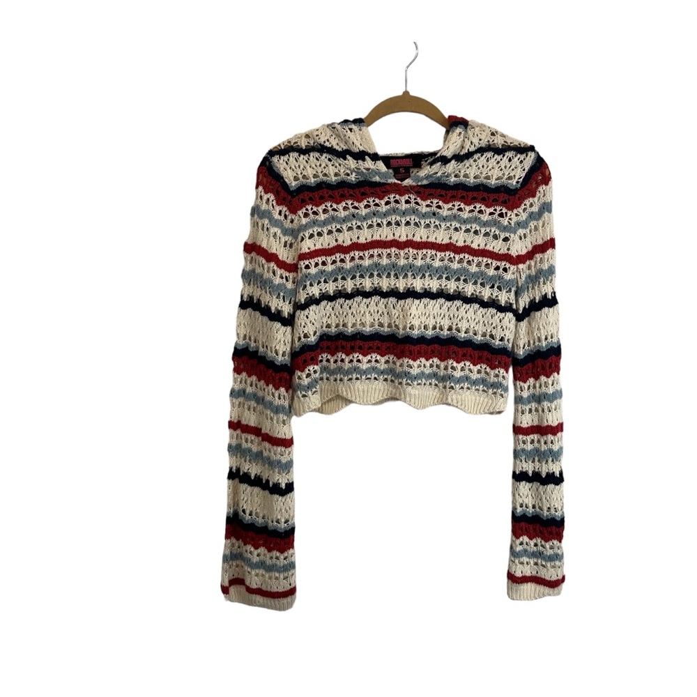 Rock & Roll Denim Crochet Hooded Long Sleeve Crop Top Sweater Womens Size S